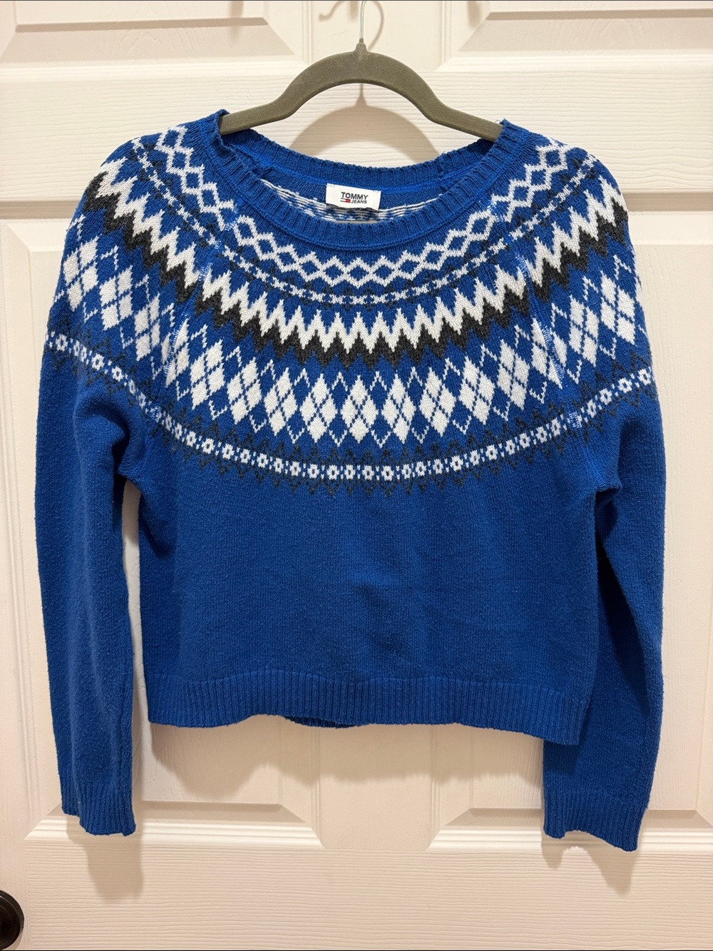 Tommy Jeans Hilfiger Cropped Fair Isle Royal Blue Knit Cozy Sweater - Small Y2K